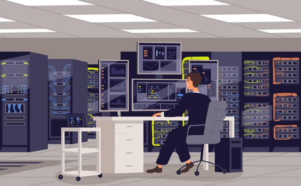 A person work at computer in data center